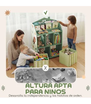 Estantería Infantil para Juguetes con Cajones de Tela Estantes Abiertos Diseño de Ositos Organizador de Juguetes Verde