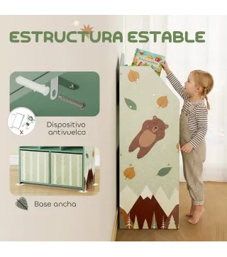 Estantería Infantil para Juguetes con Cajones de Tela Estantes Abiertos Diseño de Ositos Organizador de Juguetes Verde