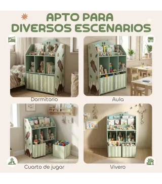 Estantería Infantil para Juguetes con Cajones de Tela Estantes Abiertos Diseño de Ositos Organizador de Juguetes Verde
