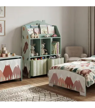 Estantería Infantil para Juguetes con Cajones de Tela Estantes Abiertos Diseño de Ositos Organizador de Juguetes Verde