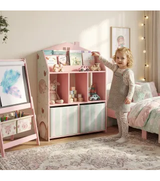 Estantería Infantil para Juguetes con Cajones de Tela Estantes Abiertos Diseño de Zorros Organizador de Juguetes Rosa