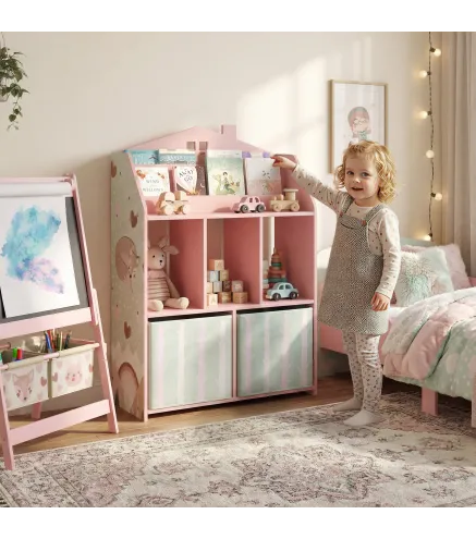 Estantería Infantil para Juguetes con Cajones de Tela Estantes Abiertos Diseño de Zorros Organizador de Juguetes Rosa