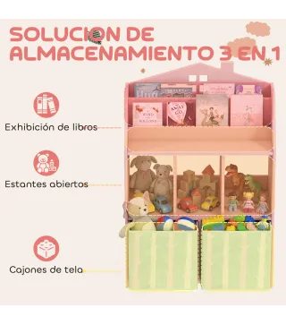 Estantería Infantil para Juguetes con Cajones de Tela Estantes Abiertos Diseño de Zorros Organizador de Juguetes Rosa