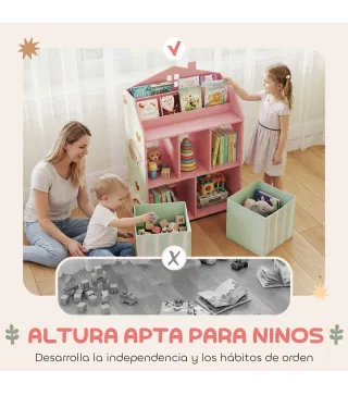 Estantería Infantil para Juguetes con Cajones de Tela Estantes Abiertos Diseño de Zorros Organizador de Juguetes Rosa