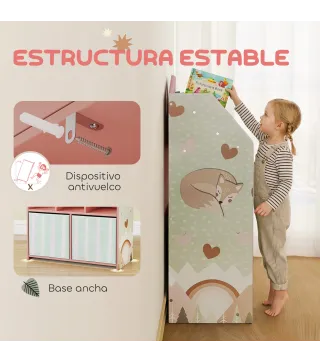 Estantería Infantil para Juguetes con Cajones de Tela Estantes Abiertos Diseño de Zorros Organizador de Juguetes Rosa
