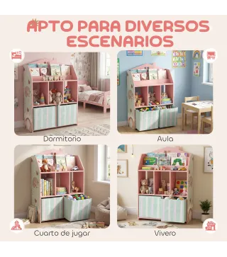 Estantería Infantil para Juguetes con Cajones de Tela Estantes Abiertos Diseño de Zorros Organizador de Juguetes Rosa
