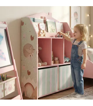 Estantería Infantil para Juguetes con Cajones de Tela Estantes Abiertos Diseño de Zorros Organizador de Juguetes Rosa