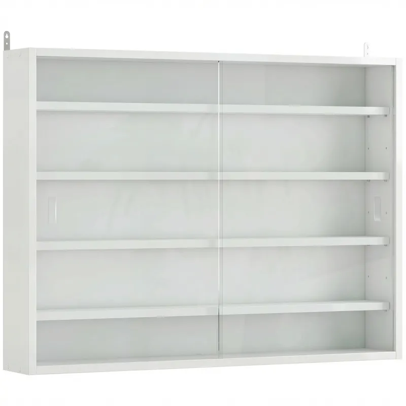 Vitrina de Pared de Madera con Estantes Ajustables y 2 Puertas Correderas de Cristal 80x9,5x60 cm Blanco