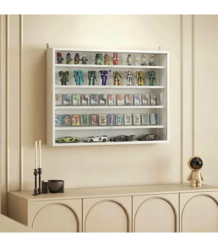 Vitrina de Pared de Madera con Estantes Ajustables y 2 Puertas Correderas de Cristal 80x9,5x60 cm Blanco