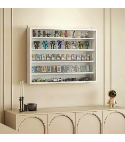 Vitrina de Pared de Madera con Estantes Ajustables y 2 Puertas Correderas de Cristal 80x9,5x60 cm Blanco