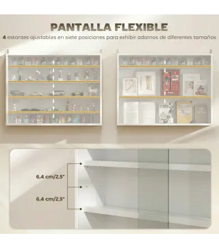 Vitrina de Pared de Madera con Estantes Ajustables y 2 Puertas Correderas de Cristal 80x9,5x60 cm Blanco