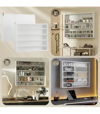Vitrina de Pared de Madera con Estantes Ajustables y 2 Puertas Correderas de Cristal 80x9,5x60 cm Blanco