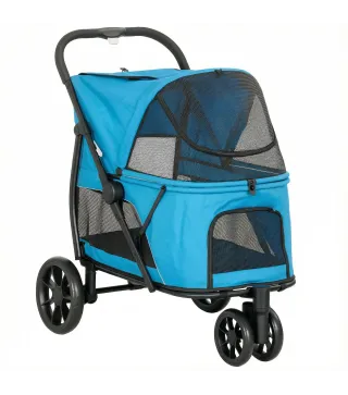 Carrito para Perros Plegable con 3 Ruedas Ventanas de Malla Cojín Lavable Todo Terreno Carga 20 kg 92x63x95 cm Azul