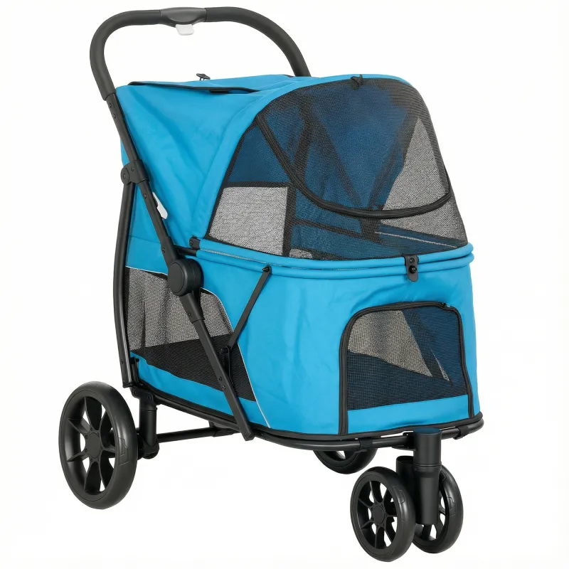 Carrito para Perros Plegable con 3 Ruedas Ventanas de Malla Cojín Lavable Todo Terreno Carga 20 kg 92x63x95 cm Azul