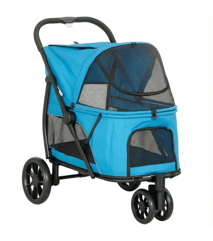 Carrito para Perros Plegable con 3 Ruedas Ventanas de Malla Cojín Lavable Todo Terreno Carga 20 kg 92x63x95 cm Azul