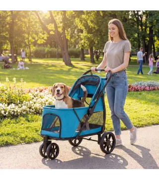 Carrito para Perros Plegable con 3 Ruedas Ventanas de Malla Cojín Lavable Todo Terreno Carga 20 kg 92x63x95 cm Azul