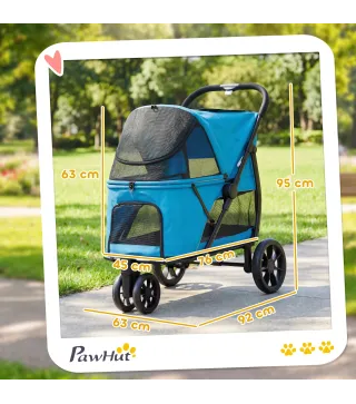 Carrito para Perros Plegable con 3 Ruedas Ventanas de Malla Cojín Lavable Todo Terreno Carga 20 kg 92x63x95 cm Azul