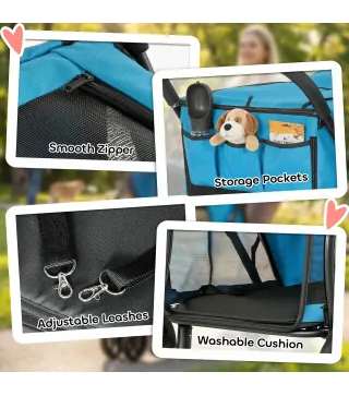 Carrito para Perros Plegable con 3 Ruedas Ventanas de Malla Cojín Lavable Todo Terreno Carga 20 kg 92x63x95 cm Azul