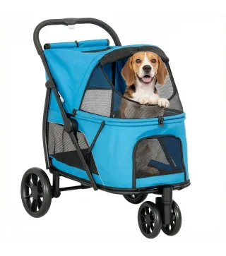 Carrito para Perros Plegable con 3 Ruedas Ventanas de Malla Cojín Lavable Todo Terreno Carga 20 kg 92x63x95 cm Azul