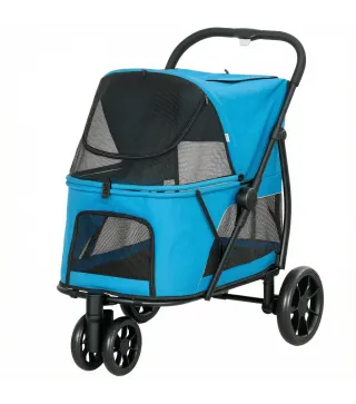 Carrito para Perros Plegable con 3 Ruedas Ventanas de Malla Cojín Lavable Todo Terreno Carga 20 kg 92x63x95 cm Azul