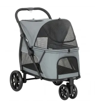 Carrito para Perros Plegable con 3 Ruedas Ventanas de Malla Cojín Lavable Todo Terreno Carga 20 kg 92x63x95 cm Gris