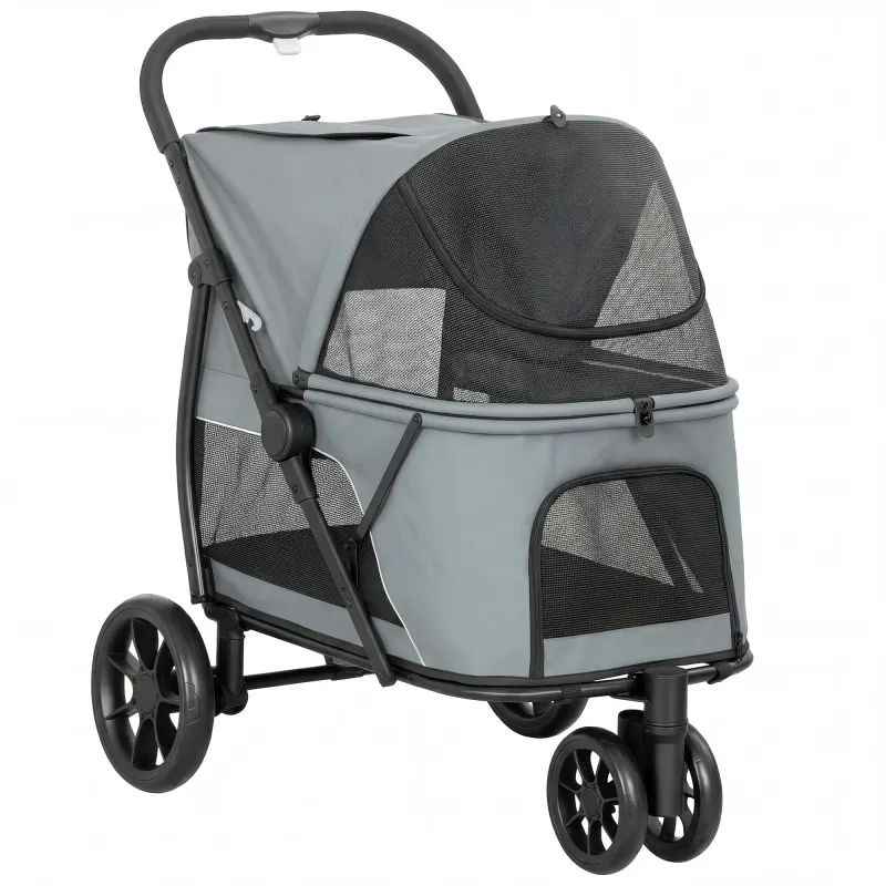 Carrito para Perros Plegable con 3 Ruedas Ventanas de Malla Cojín Lavable Todo Terreno Carga 20 kg 92x63x95 cm Gris