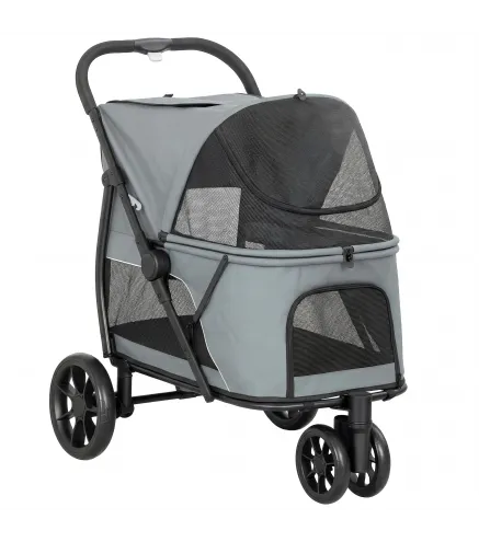 Carrito para Perros Plegable con 3 Ruedas Ventanas de Malla Cojín Lavable Todo Terreno Carga 20 kg 92x63x95 cm Gris