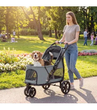 Carrito para Perros Plegable con 3 Ruedas Ventanas de Malla Cojín Lavable Todo Terreno Carga 20 kg 92x63x95 cm Gris