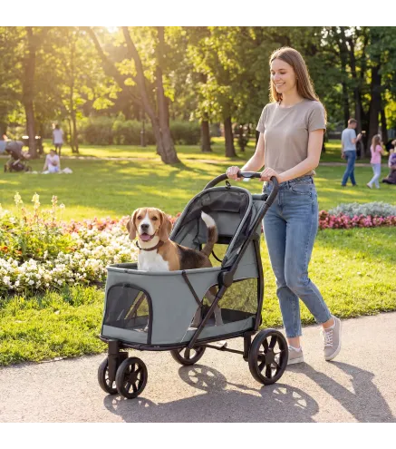 Carrito para Perros Plegable con 3 Ruedas Ventanas de Malla Cojín Lavable Todo Terreno Carga 20 kg 92x63x95 cm Gris