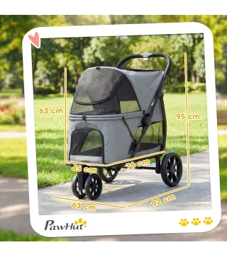 Carrito para Perros Plegable con 3 Ruedas Ventanas de Malla Cojín Lavable Todo Terreno Carga 20 kg 92x63x95 cm Gris