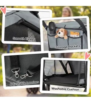 Carrito para Perros Plegable con 3 Ruedas Ventanas de Malla Cojín Lavable Todo Terreno Carga 20 kg 92x63x95 cm Gris