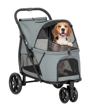Carrito para Perros Plegable con 3 Ruedas Ventanas de Malla Cojín Lavable Todo Terreno Carga 20 kg 92x63x95 cm Gris