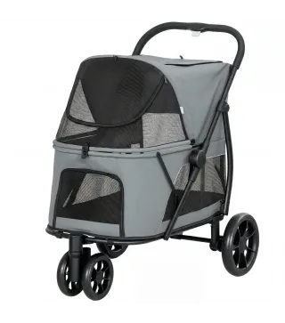 Carrito para Perros Plegable con 3 Ruedas Ventanas de Malla Cojín Lavable Todo Terreno Carga 20 kg 92x63x95 cm Gris