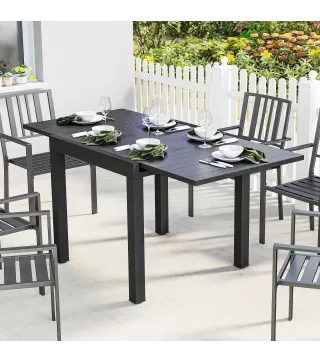 Mesa de Comedor Exterior Extensible 80/160 cm para 4-6 Personas de Aluminio con Tapa de Listones Efecto Madera Negro