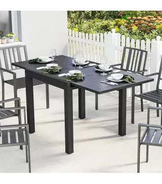 Mesa de Comedor Exterior Extensible 80/160 cm para 4-6 Personas de Aluminio con Tapa de Listones Efecto Madera Negro
