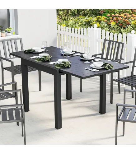 Mesa de Comedor Exterior Extensible 80/160 cm para 4-6 Personas de Aluminio con Tapa de Listones Efecto Madera Negro