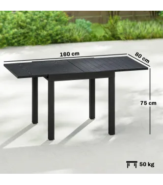 Mesa de Comedor Exterior Extensible 80/160 cm para 4-6 Personas de Aluminio con Tapa de Listones Efecto Madera Negro
