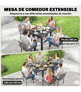 Mesa de Comedor Exterior Extensible 80/160 cm para 4-6 Personas de Aluminio con Tapa de Listones Efecto Madera Negro