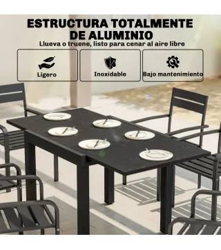 Mesa de Comedor Exterior Extensible 80/160 cm para 4-6 Personas de Aluminio con Tapa de Listones Efecto Madera Negro