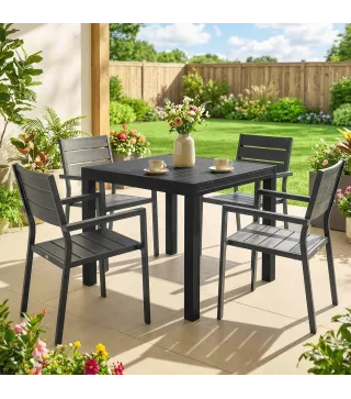 Mesa de Comedor Exterior Extensible 80/160 cm para 4-6 Personas de Aluminio con Tapa de Listones Efecto Madera Negro