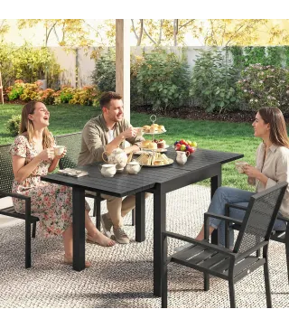 Mesa de Comedor Exterior Extensible 80/160 cm para 4-6 Personas de Aluminio con Tapa de Listones Efecto Madera Negro