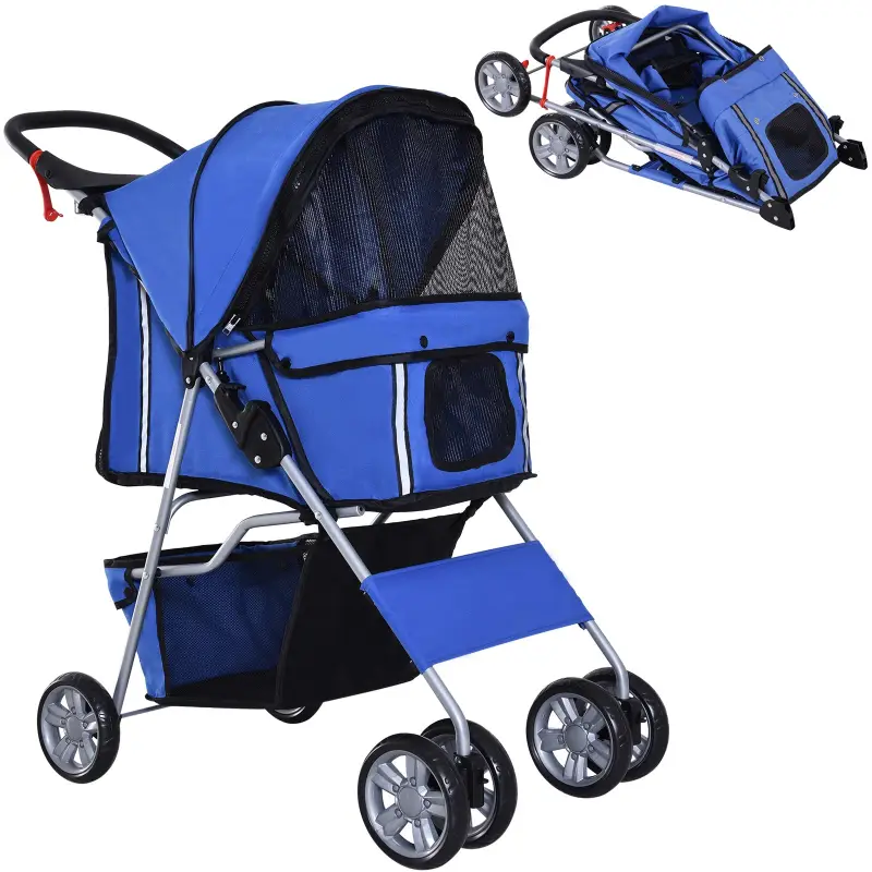 Carrito para Perros Pequeños con Toldo Ajustable Cesta de Almacenaje Portavasos y 2 Ruedas Universales 75x45x97 cm Azul