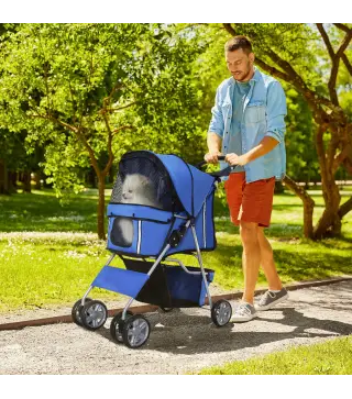Carrito para Perros Pequeños con Toldo Ajustable Cesta de Almacenaje Portavasos y 2 Ruedas Universales 75x45x97 cm Azul