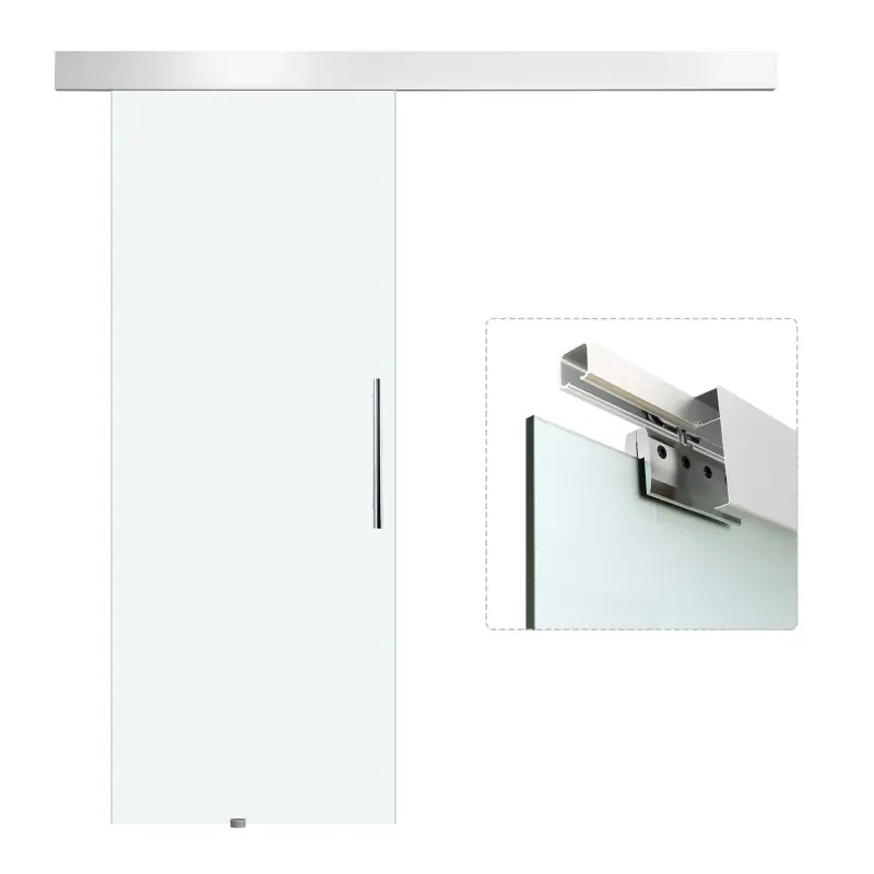 Puerta Corredera de Cristal 90x205 cm Puerta Corrediza Deslizante con Riel de Cristal de Seguridad Translúcido