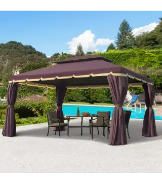 Gazebo de Aluminio 4x3 m con Techo de Ventilación 4 Cortinas Laterales 4 Mosquiteras y 8 Orificios de Drenaje Café
