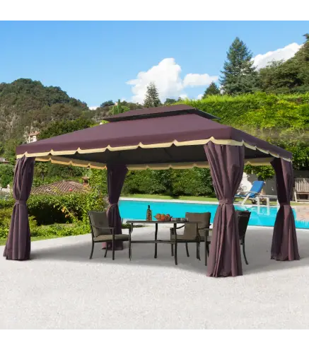Gazebo de Aluminio 4x3 m con Techo de Ventilación 4 Cortinas Laterales 4 Mosquiteras y 8 Orificios de Drenaje Café
