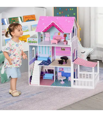 Casa de Muñecas de Madera de 3 Pisos con Patio 86x30x87 cm Muebles Accesorios de 13 Piezas Diseño Lindo Casita Muñecas de Juguet