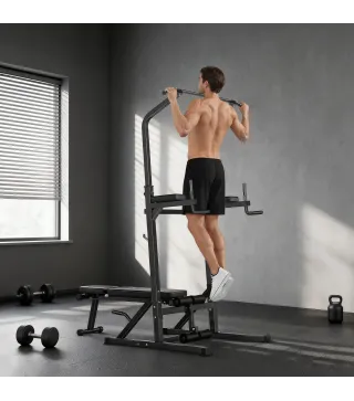 Estación de Musculación Torre de Entrenamiento Altura Ajustable con Barra de Dominadas y Banco Plegable para Fitness en Casa Gim