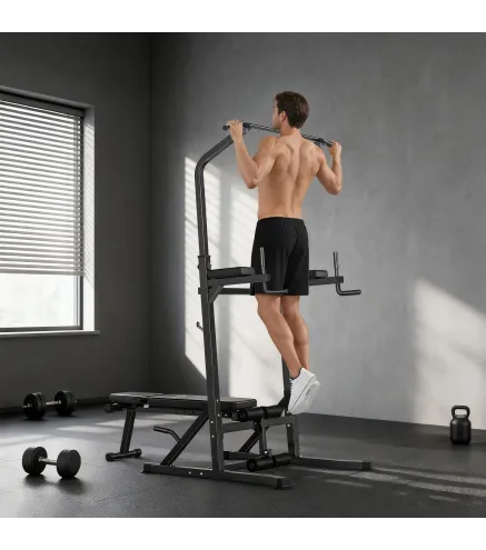 Estación de Musculación Torre de Entrenamiento Altura Ajustable con Barra de Dominadas y Banco Plegable para Fitness en Casa Gim
