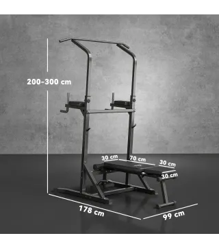 Estación de Musculación Torre de Entrenamiento Altura Ajustable con Barra de Dominadas y Banco Plegable para Fitness en Casa Gim